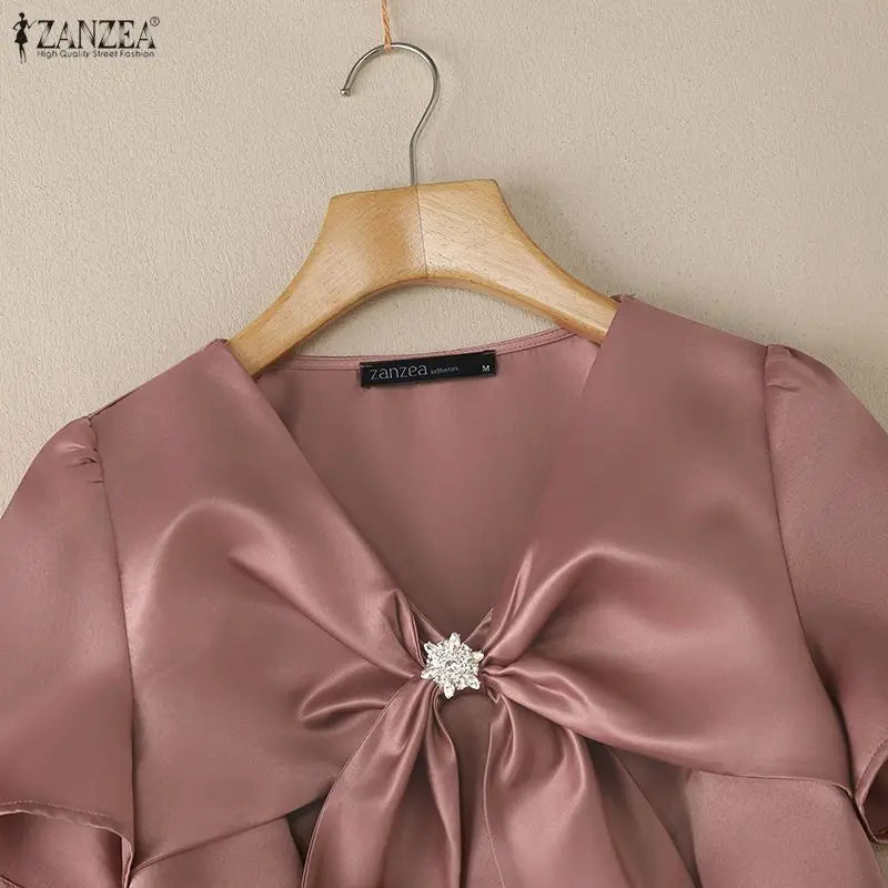Women's Elegant Satin Blouses V-Neck Short Sleeve Knotted Bow Diamond Details Solid Color