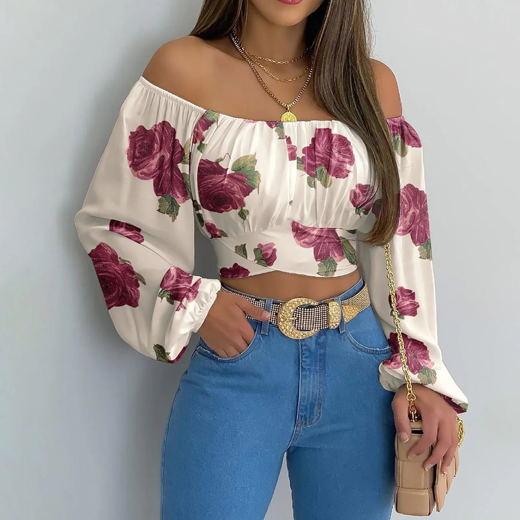 Women Sexy Off Shoulder Blouse Chic and Elegant Printing Lantern Long Sleeve Lace Up Bow Cropped Tops Casual Slim Shirts 2024