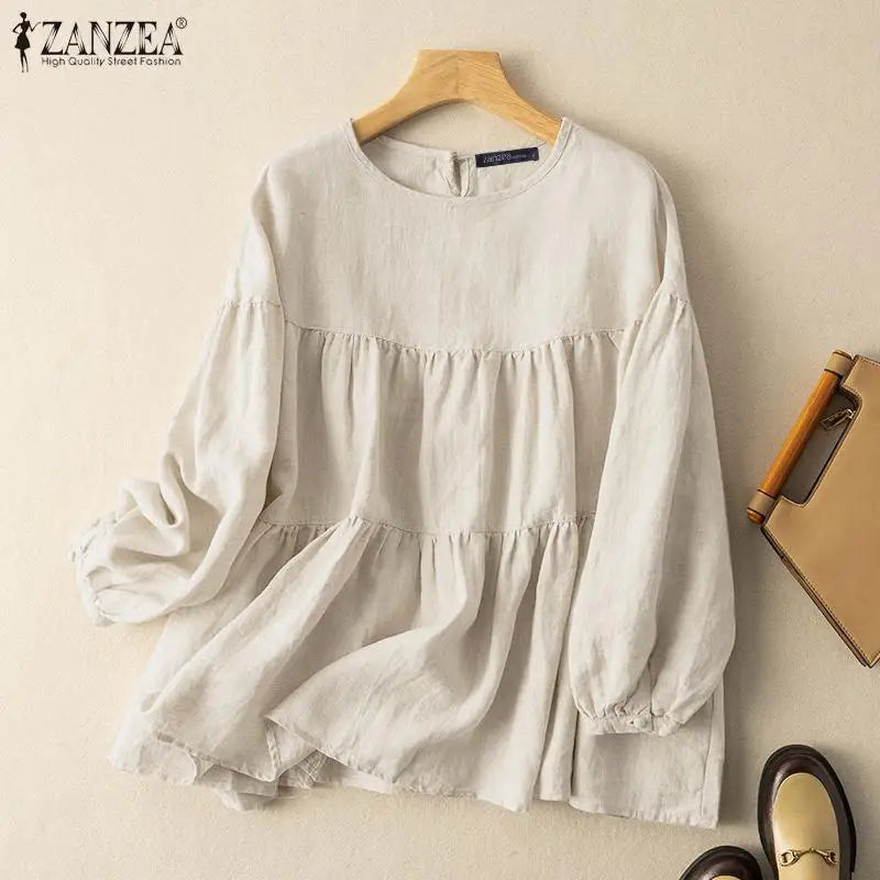 ZANZEA Autumn Vintage Cotton Blouse Woman Long Sleeve O-Neck Shirt Female Casual Solid Blusas Fashion Button Cuffs Chemise 2023