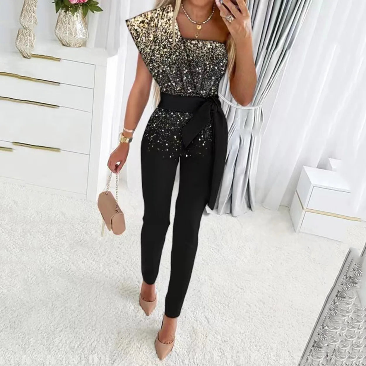 Elegant Women Sequins Patchwork Bodycon Jumpsuit