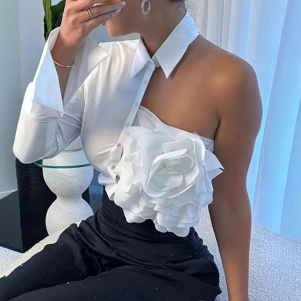 French Chic Women Blouse Fashion 3D Floral Long Sleeve Lapel Collar Spring Fall Age-reducing Female Tops Female Solid Shirts