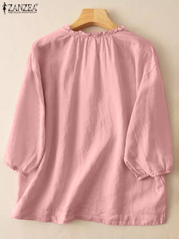 Summer Vintage Shirts Elegant OL Work Blouse Women 3/4 O Neck Sleeve Tops Embroidery Blusas Femme Causal Cotton Chemsie