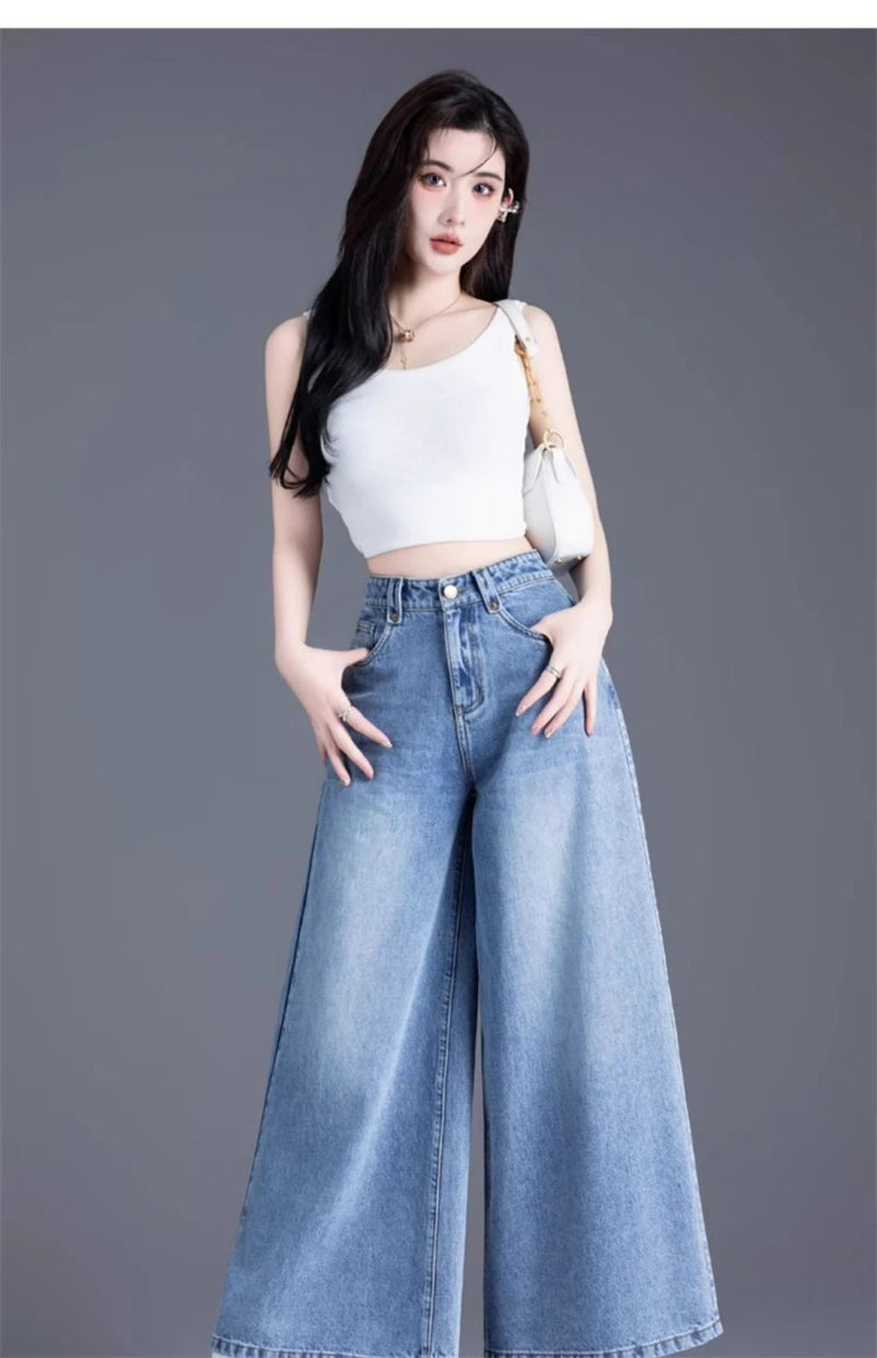 Women's Wide Legs Pants 2026 Spring Fashion High Waisted Ladies Jeans  Design Sense Korean Version Female Cowboy Skirt Trousers
