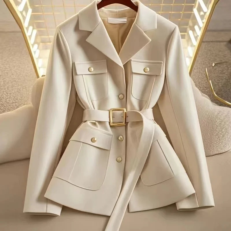 Women Blazer Coat New 2026 Autumn Long Sleeve Single Breasted Belt Pocket Elegant Office Ladies Suit Jacket Lady Outerwear Tops