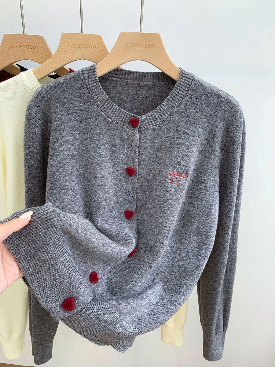 Omen's Clothing Vintage Love Button Knit Cardigan Autumn/Winter Fashion All-match Bowknot Embroidery Sweaters Lady Elegant Tops
