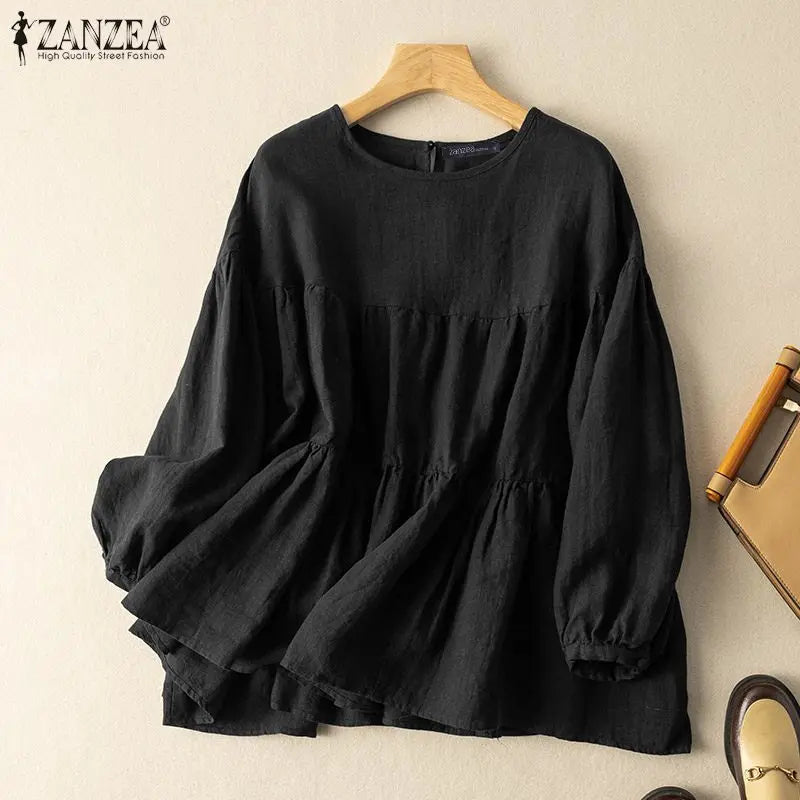 ZANZEA Autumn Vintage Cotton Blouse Woman Long Sleeve O-Neck Shirt Female Casual Solid Blusas Fashion Button Cuffs Chemise 2023