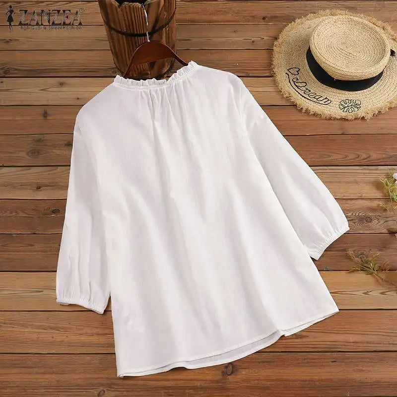 Summer Vintage Shirts Elegant OL Work Blouse Women 3/4 O Neck Sleeve Tops Embroidery Blusas Femme Causal Cotton Chemsie