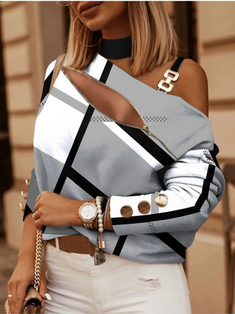 New Spring Summer Women's Fashion Printed Shirt With Zipper Metal Buckle Sexy Off Shoulder Casual Loose Long Sleeve Shirt