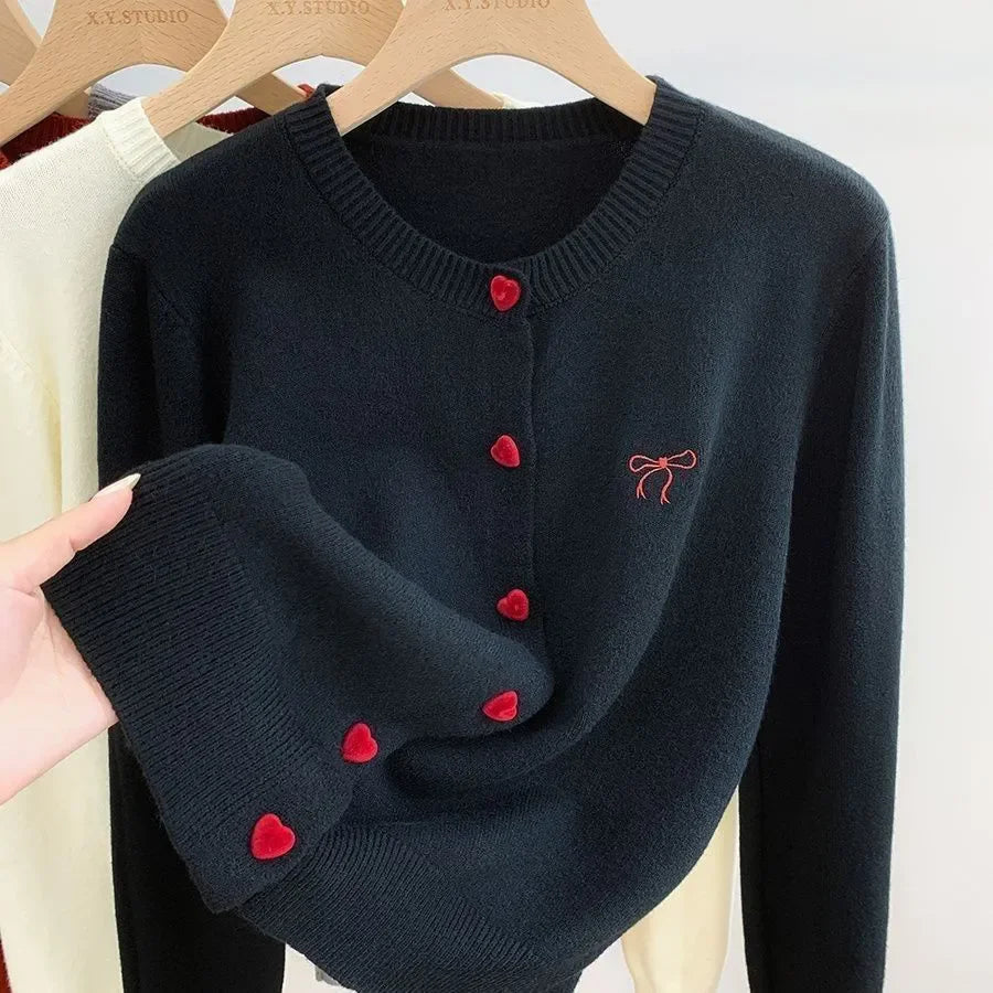 Omen's Clothing Vintage Love Button Knit Cardigan Autumn/Winter Fashion All-match Bowknot Embroidery Sweaters Lady Elegant Tops