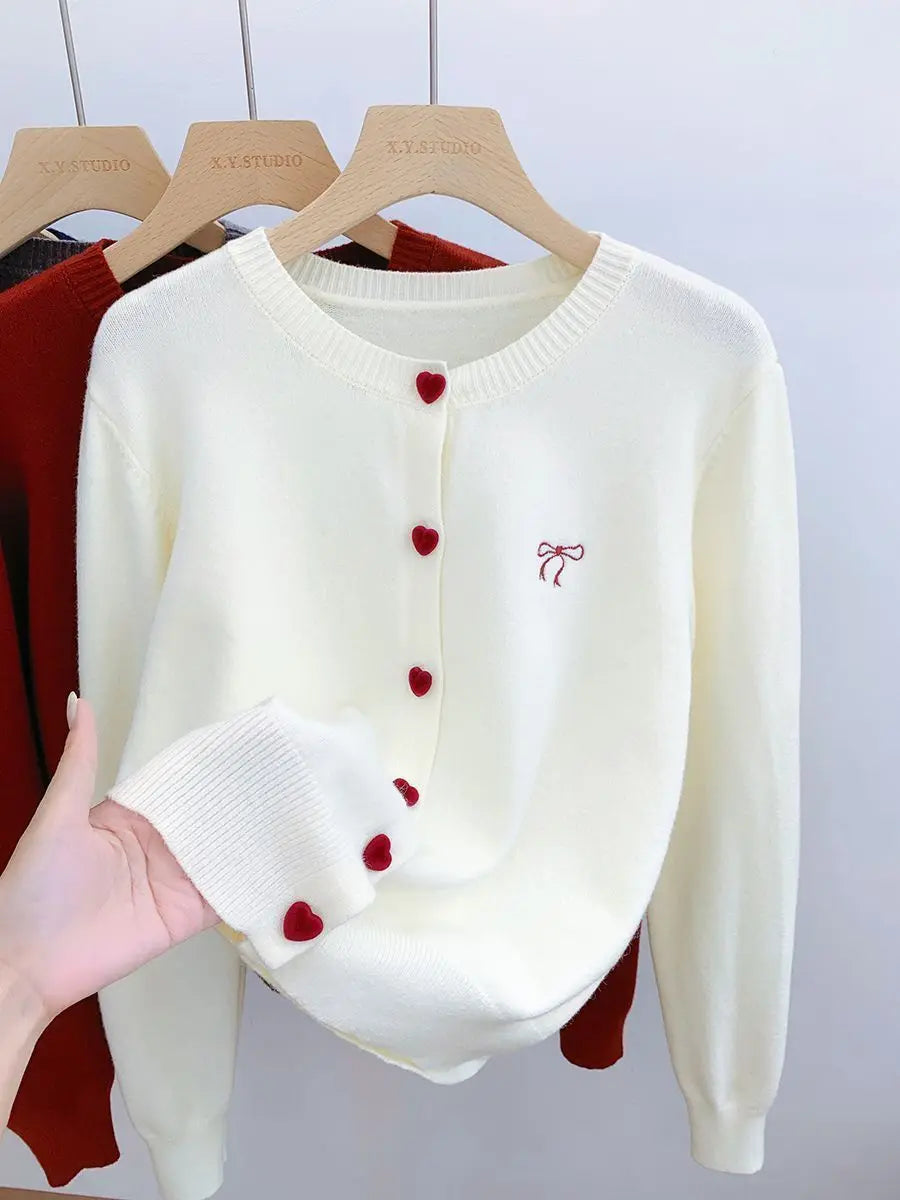 Omen's Clothing Vintage Love Button Knit Cardigan Autumn/Winter Fashion All-match Bowknot Embroidery Sweaters Lady Elegant Tops