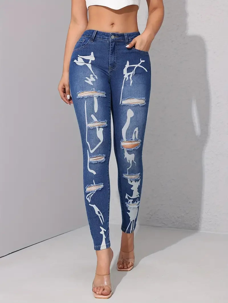 Print High Waisted Jeans Women Clothing 2024 Fashion Straight Leg Ripped Jeans Casual Tousers Female Bottoms Streetwear