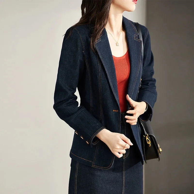 Spring Autumn Denim Blazer New 2024 Women's Long Sleeved One Button Short Jeans Jacket Ladies Slim Cowboy Coats Outerwear Female