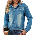 ABRT-Female Basic Button Down Stretch Fitted Long Sleeves Denim Jean Jacket