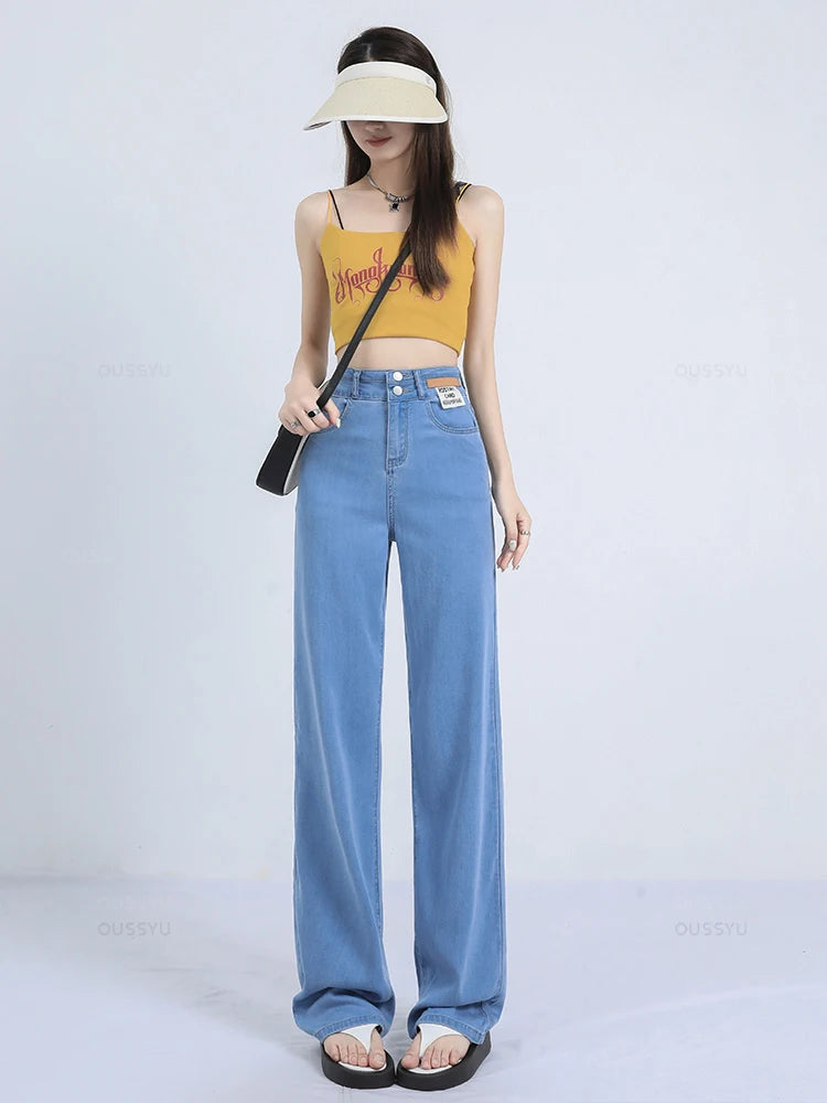 Summer Soft Natural Lyocell Fabric Women's Jeans Thin Baggy Wide Leg Denim Pants High Waisted Casual Trousers Female Size 25-32