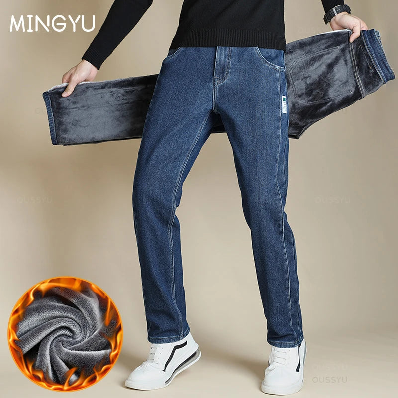 High Quality Winter Men's Fleece Warm Jeans Cotton Straight Denim Pants Classics Business Flocking Work Casual Trousers Male