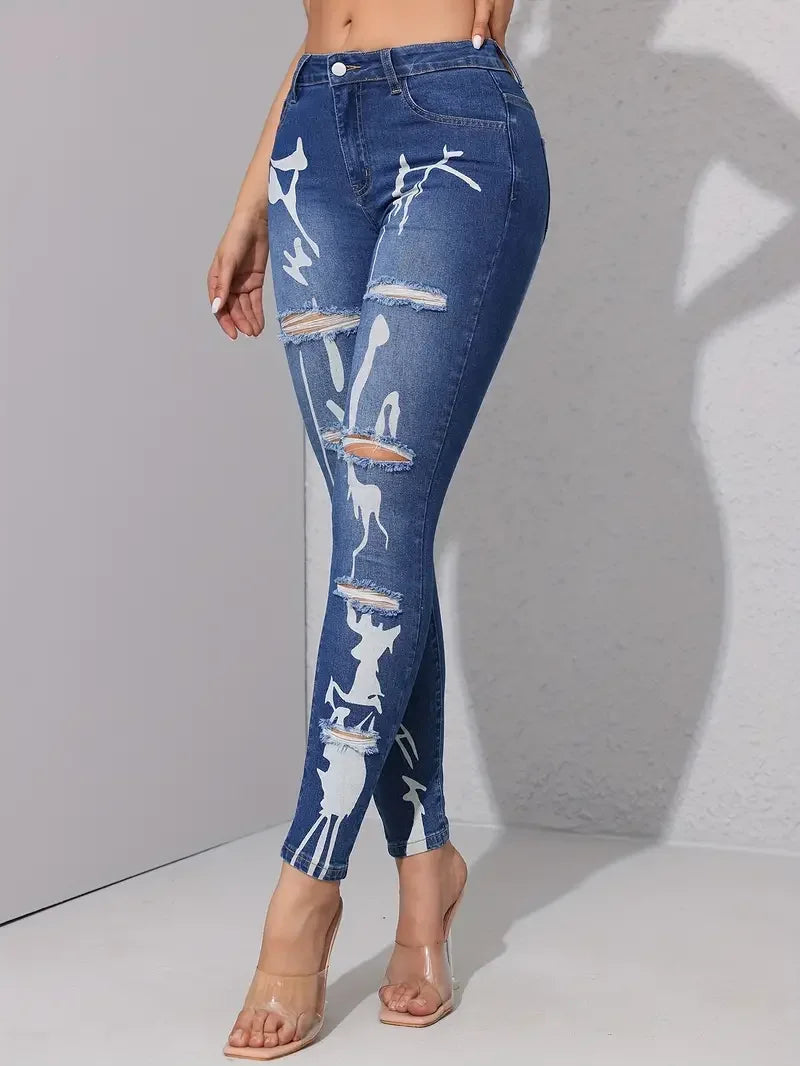 Print High Waisted Jeans Women Clothing 2024 Fashion Straight Leg Ripped Jeans Casual Tousers Female Bottoms Streetwear