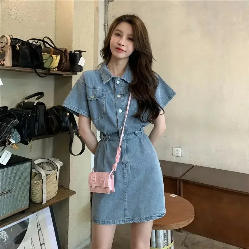 New Sweet Women Denim Short Dress for Woman Turn-down Collar Single Breasted Short Sleeve Pockets A Line Denim Jean Korean Dress