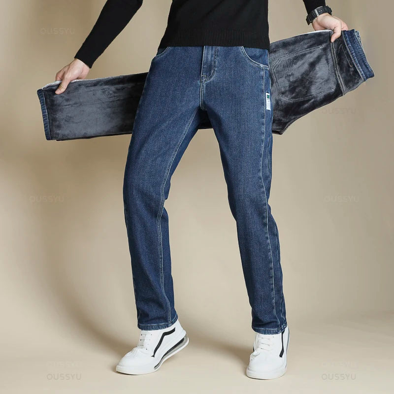 High Quality Winter Men's Fleece Warm Jeans Cotton Straight Denim Pants Classics Business Flocking Work Casual Trousers Male