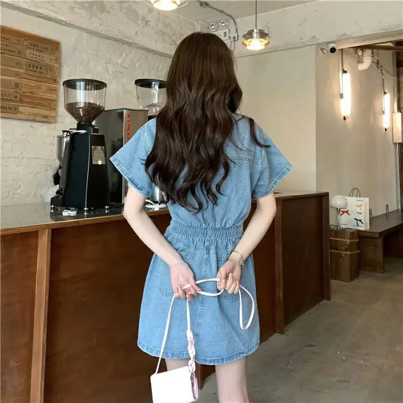 New Sweet Women Denim Short Dress for Woman Turn-down Collar Single Breasted Short Sleeve Pockets A Line Denim Jean Korean Dress