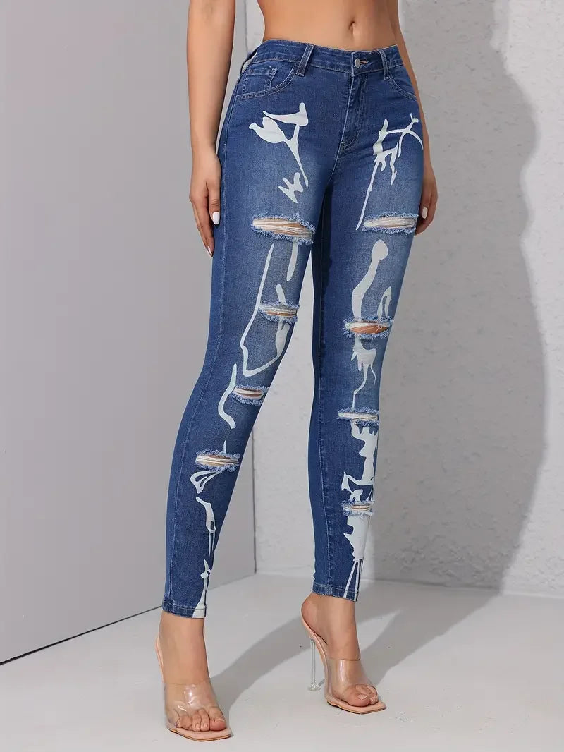 Print High Waisted Jeans Women Clothing 2024 Fashion Straight Leg Ripped Jeans Casual Tousers Female Bottoms Streetwear
