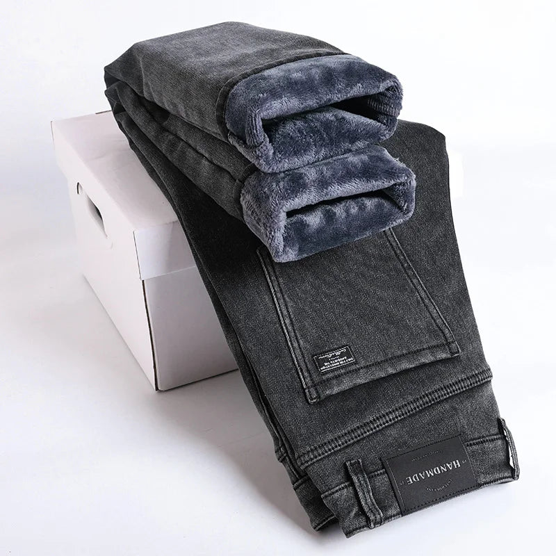High Quality Winter Fleece Warm Thermal Jeans Men's Denim Pants Fashion Thicken Plush Casual Straight Blue Black Trousers Male