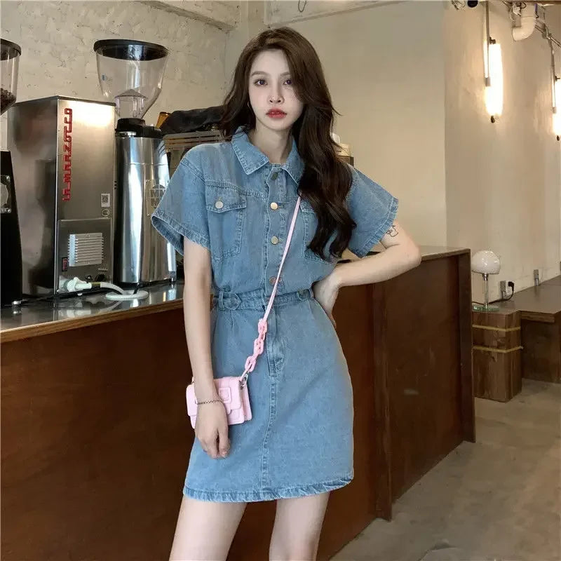 New Sweet Women Denim Short Dress for Woman Turn-down Collar Single Breasted Short Sleeve Pockets A Line Denim Jean Korean Dress