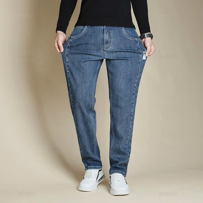 High Quality Winter Men's Fleece Warm Jeans Cotton Straight Denim Pants Classics Business Flocking Work Casual Trousers Male